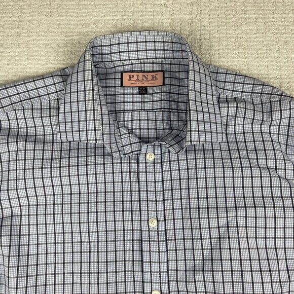 Thomas Pink Shirt Mens 17-35 Blue Mini Check Plaid Dress shirt Plaid pattern - Picture 2 of 16